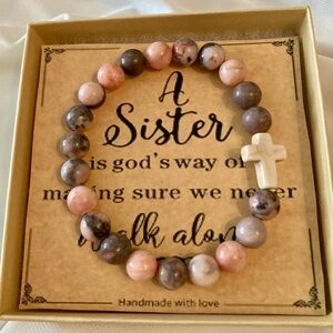 Cross & Natural Stone “Sisters” Faith Christian Stretch Bracelet